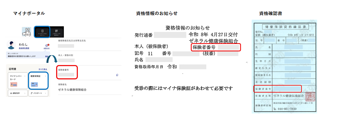 赤枠内に記載されている8桁の数字（保険者番号）が団体IDです。